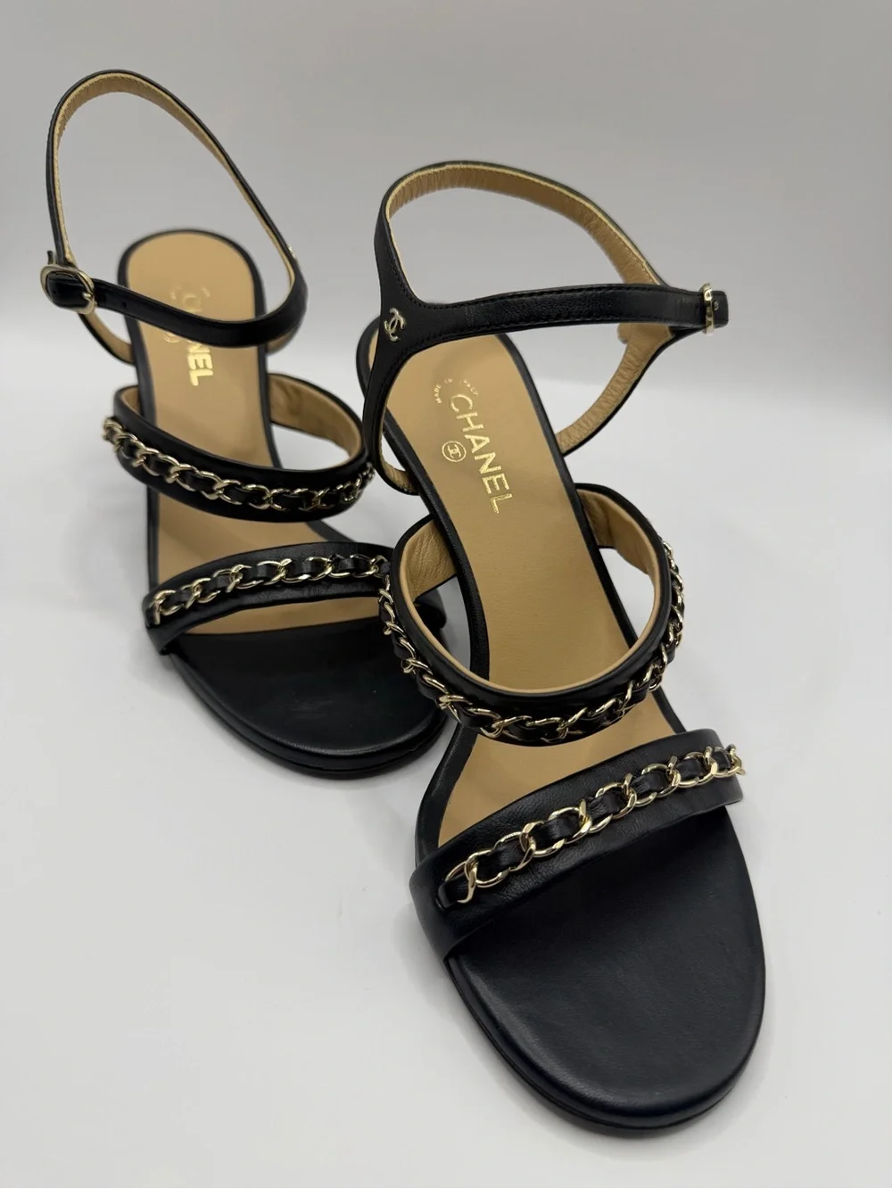 CHANEL Black Leather Chain-Trim High Heel Sandals